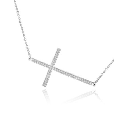 Dazzlers Sterling Silver Rhodium Plated and sideway CZ Cross Necklace, MPN: DMN-288