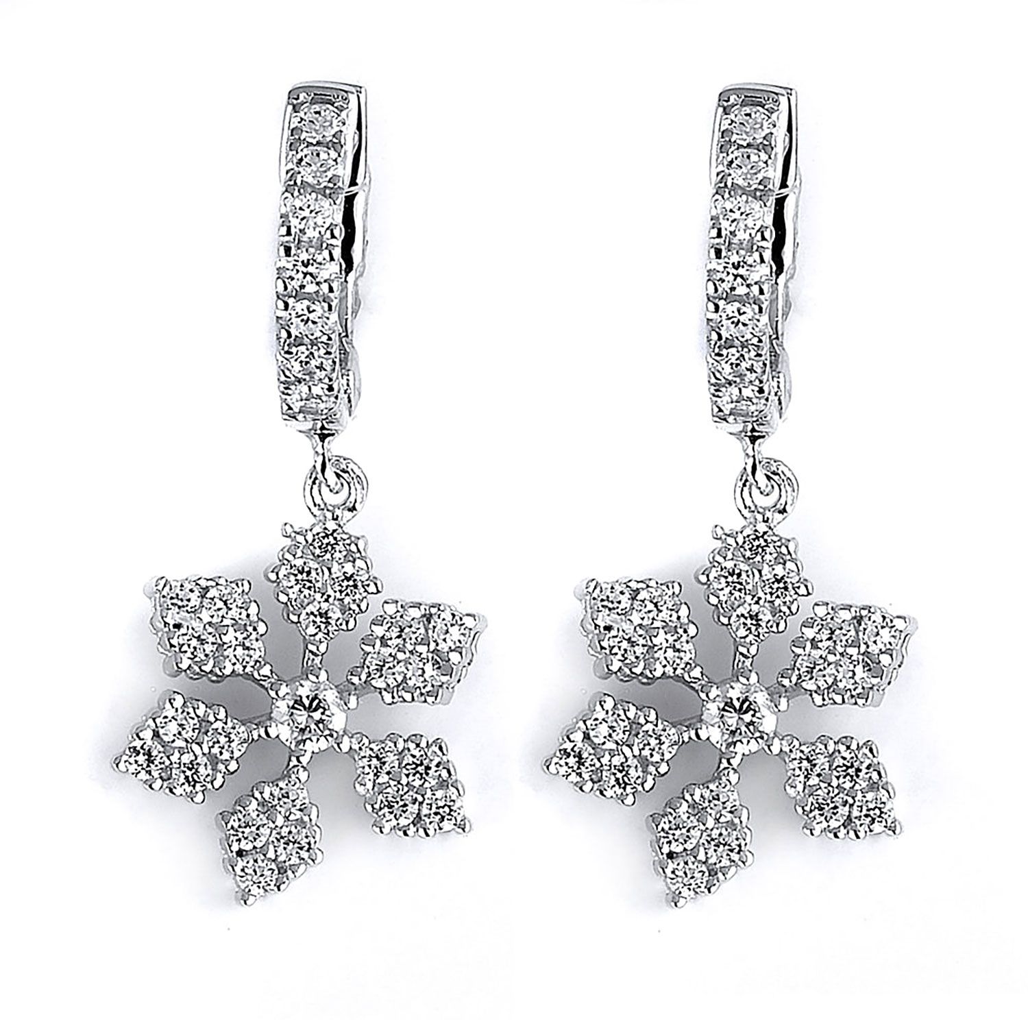 Dazzlers Sterling Silver Rhodium Plated and CZ Snow Flake Dangle Earrings, MPN: DCE-221