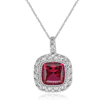 Dazzlers Sterling Silver Rhodium Plated with Cushion Simulated Ruby and CZ Halo Necklace, MPN: DMN-…