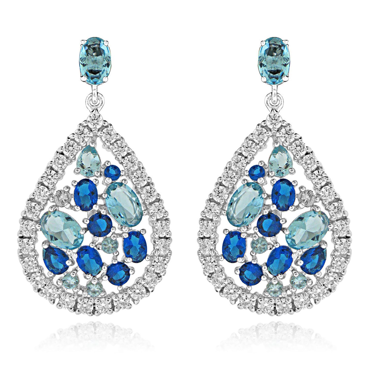 Dazzlers Sterling Silver Rhodium Plated with Simulated Sapphire and Blue Topaz Dangle Earrings, MPN…