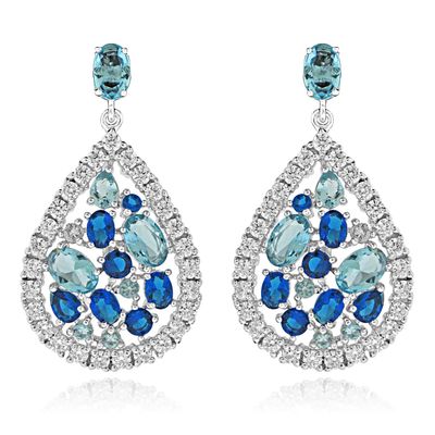 Dazzlers Sterling Silver Rhodium Plated with Simulated Sapphire and Blue Topaz Dangle Earrings, MPN…