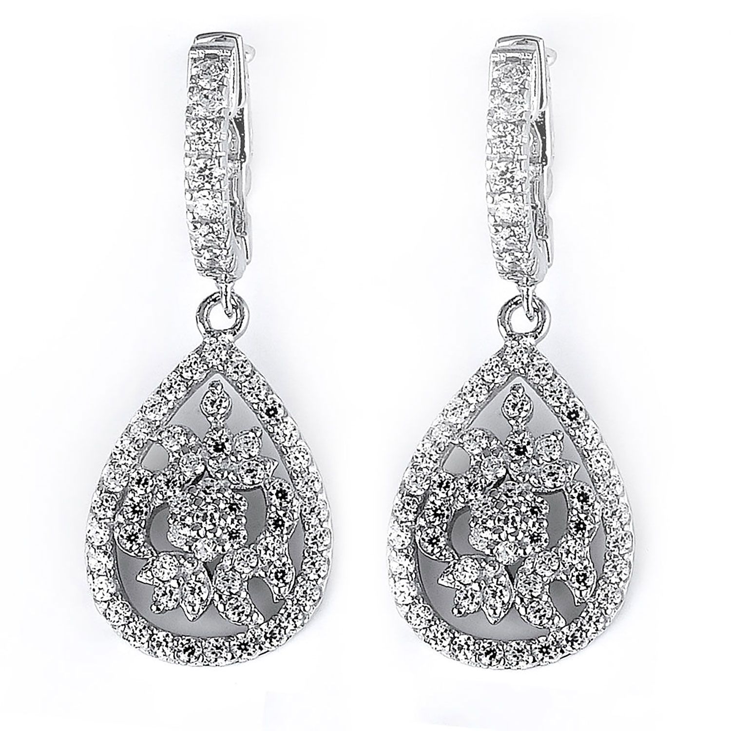Dazzlers Sterling Silver Rhodium Plated and CZ Pear Shape Dangle Earrings, MPN: DCE-223