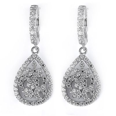 Dazzlers Sterling Silver Rhodium Plated and CZ Pear Shape Dangle Earrings, MPN: DCE-223