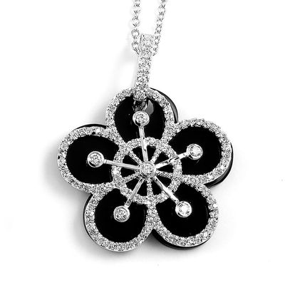 Dazzlers Sterling Silver Rhodium Plated with Black Enameled and CZ Flower Necklace, MPN: DBN10235