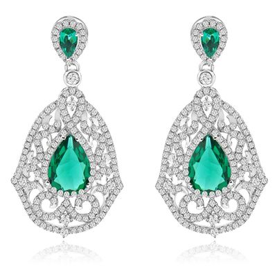 Dazzlers Sterling Silver Rhodium Plated with Simulated Emerald and CZ Dangle Earrings, MPN: DCE-574