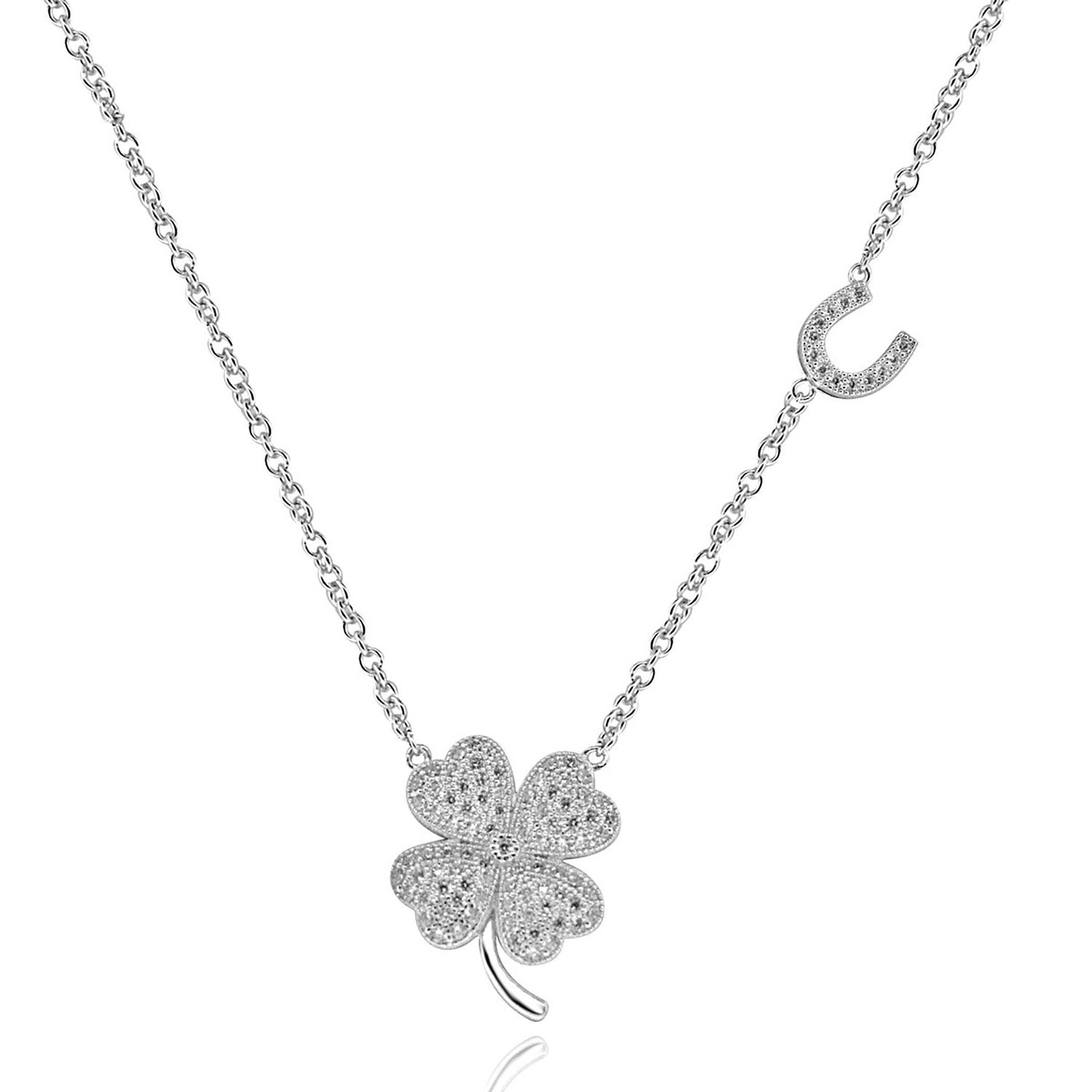 Dazzlers Sterling Silver Rhodium Plated with Four Leaf Clover and Horseshoe Necklace, MPN: DGN-1021