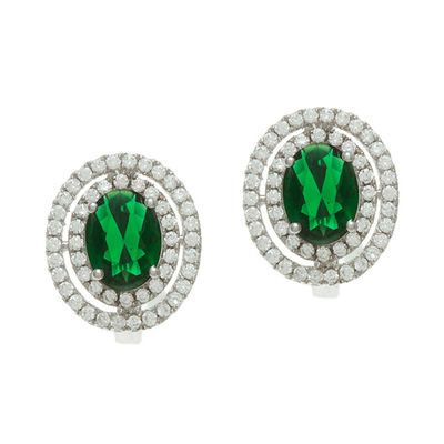 Dazzlers Sterling Silver Rhodium Plated and 8x6mm Simulated Emerald center stone with CZ Earrings, …