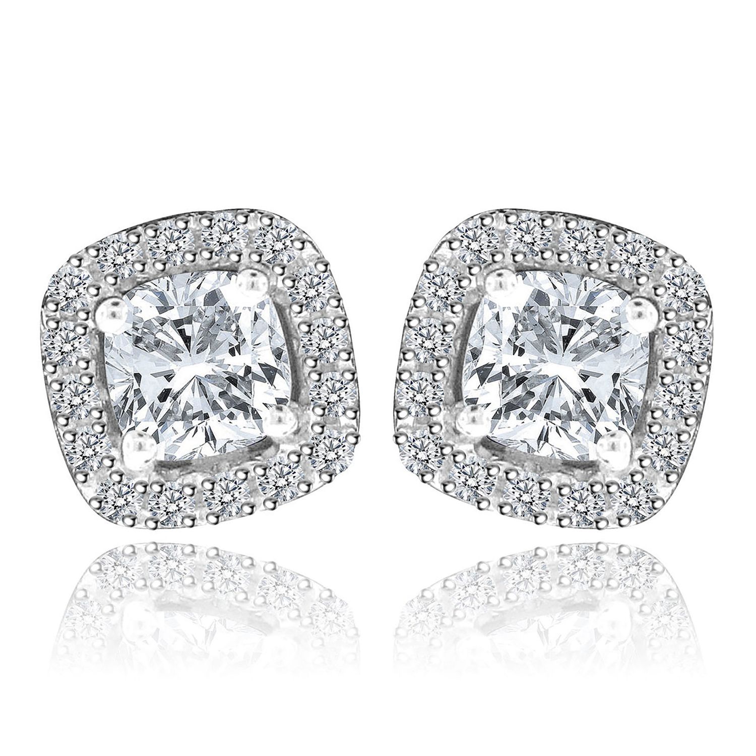 Dazzlers Sterling Silver Rhodium Plated and Princess cut CZ Halo Stud Earrings, MPN: DGE-1000