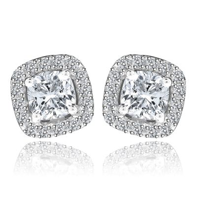 Dazzlers Sterling Silver Rhodium Plated and Princess cut CZ Halo Stud Earrings, MPN: DGE-1000