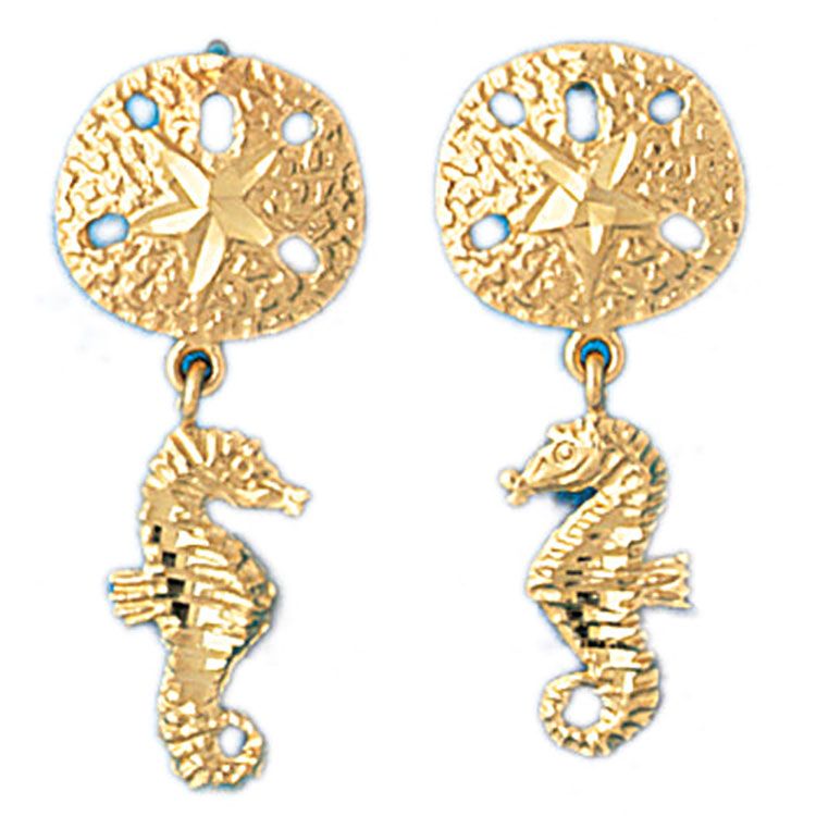 Dazzlers 14k Yellow Gold Sand Dollar and Seahorse Drop Earrings, MPN: DZ-13125