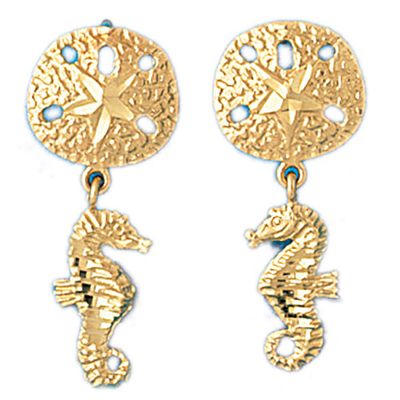 Dazzlers 14k Yellow Gold Sand Dollar and Seahorse Drop Earrings, MPN: DZ-13125