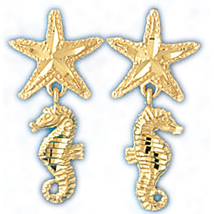 Dazzlers 14k Yellow Gold Starfish and Seahorse Drop Earrings, MPN: DZ-13126