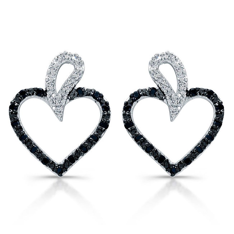 Dazzlers Sterling Silver Rhodium Plated with Black and White CZ Heart Earrings, MPN: DBE4602