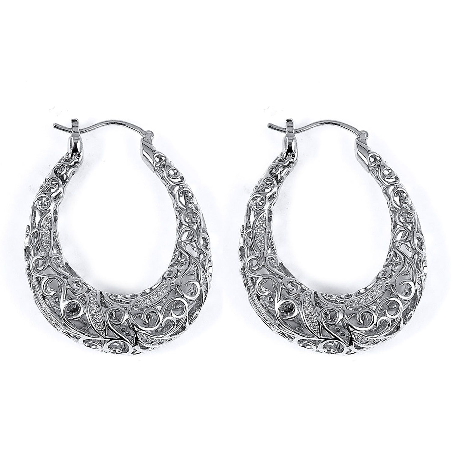 Dazzlers Sterling Silver Rhodium Plated and CZ Filigree Hoop Earrings, MPN: DCE-444