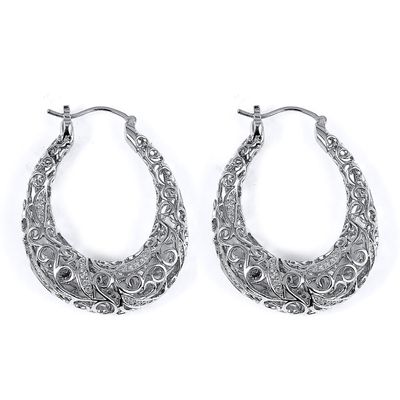 Dazzlers Sterling Silver Rhodium Plated and CZ Filigree Hoop Earrings, MPN: DCE-444