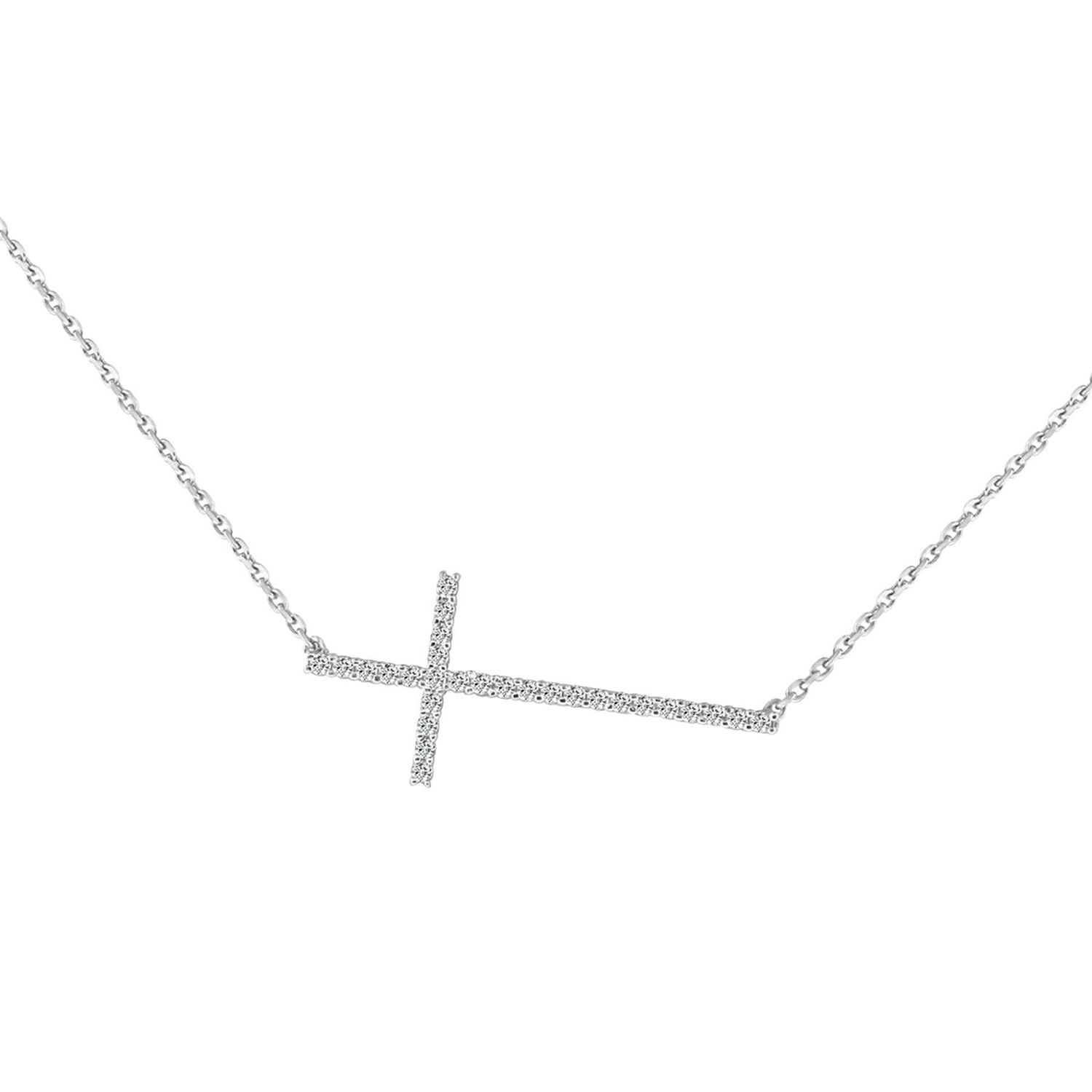 Dazzlers Sterling Silver Rhodium Plated and CZ dainty sideway cross necklace, MPN: DCN-633