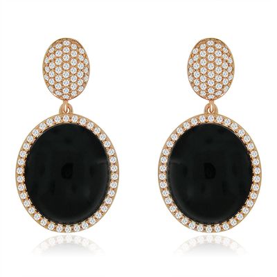 Dazzlers Sterling Silver Rose Gold Plated with Simulated Black Onyx and CZ Dangle Earrings, MPN: DB…