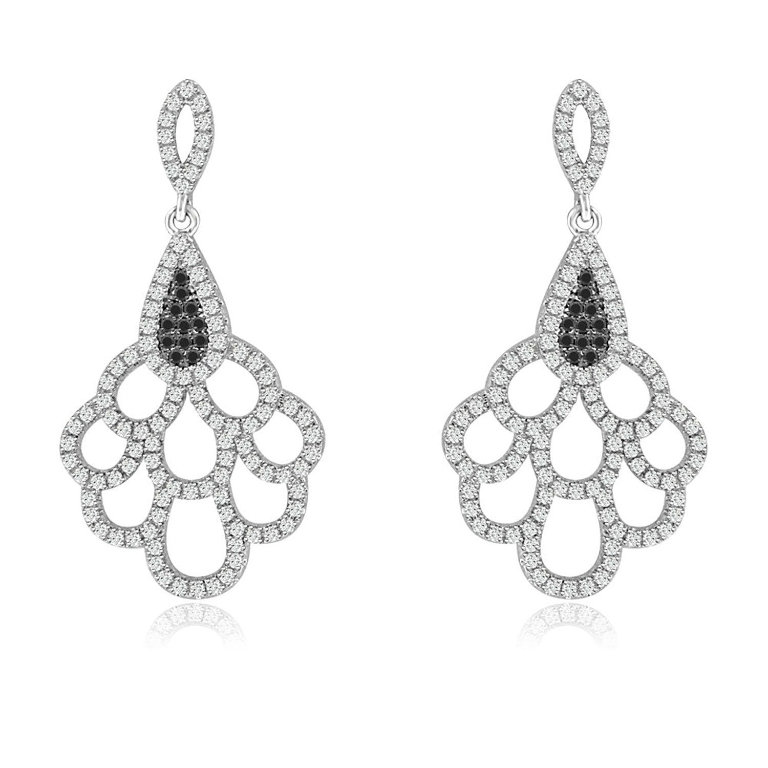 Dazzlers Sterling Silver Rhodium Plated with micro-pave black and white CZ Dangle Earrings, MPN: DY…