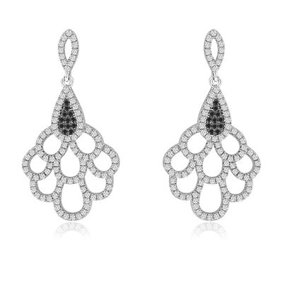 Dazzlers Sterling Silver Rhodium Plated with micro-pave black and white CZ Dangle Earrings, MPN: DY…