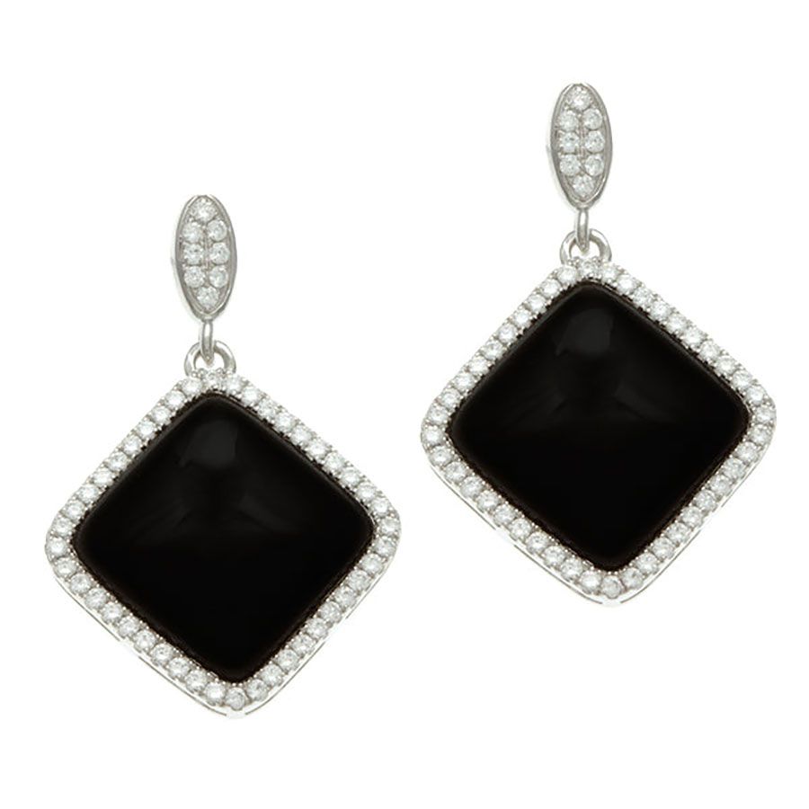 Dazzlers Sterling Silver Rhodium Plated and Simulated Black Onyx with CZ Earrings, MPN: DCE-498