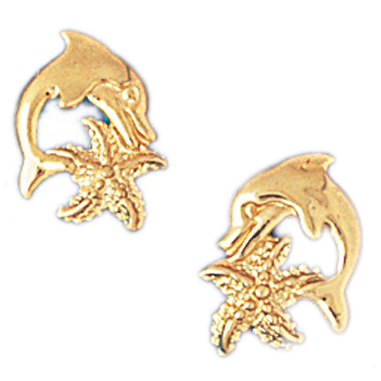 Dazzlers 14k Yellow Gold Dolphin and Starfish Stud Earrings, MPN: DZ-13070