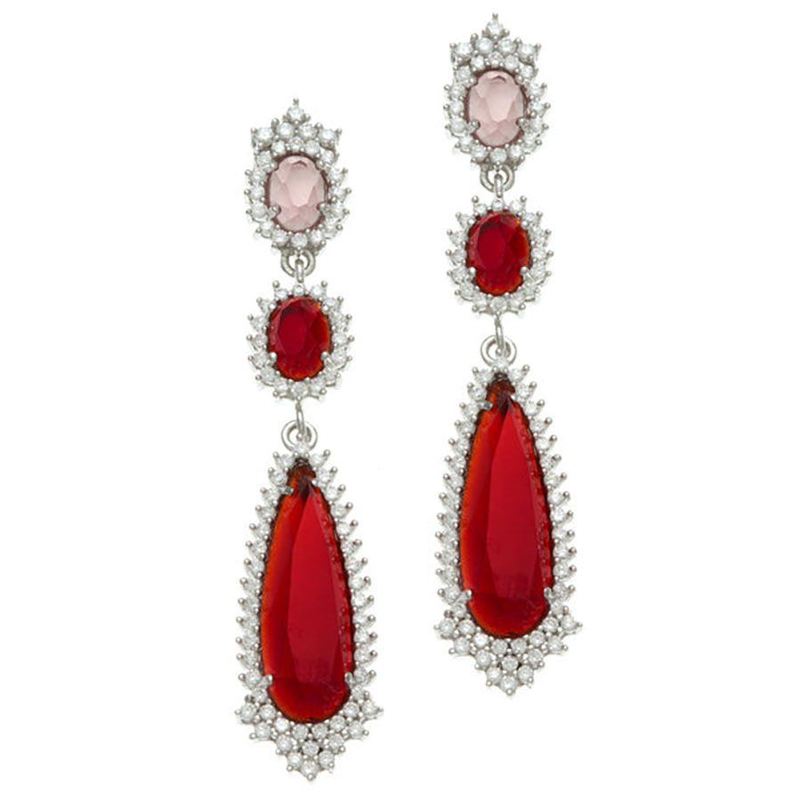 Dazzlers Sterling Silver Rhodium Plated and Simulated Ruby/Rose quartz stone with CZ Earrings, MPN:…