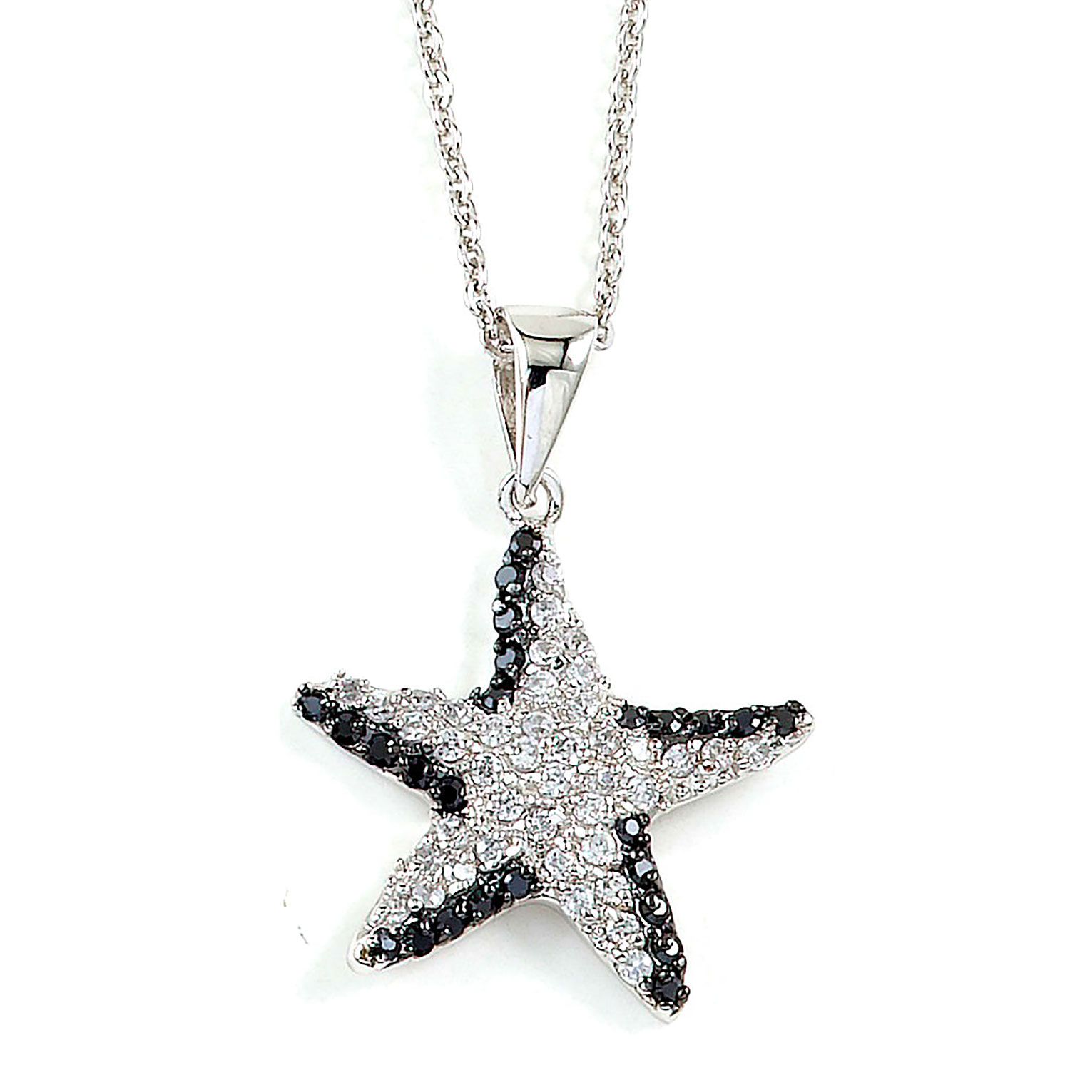 Dazzlers Sterling Silver Rhodium Plated and Black &amp; White CZ Starfish Necklace, MPN: DBN5231