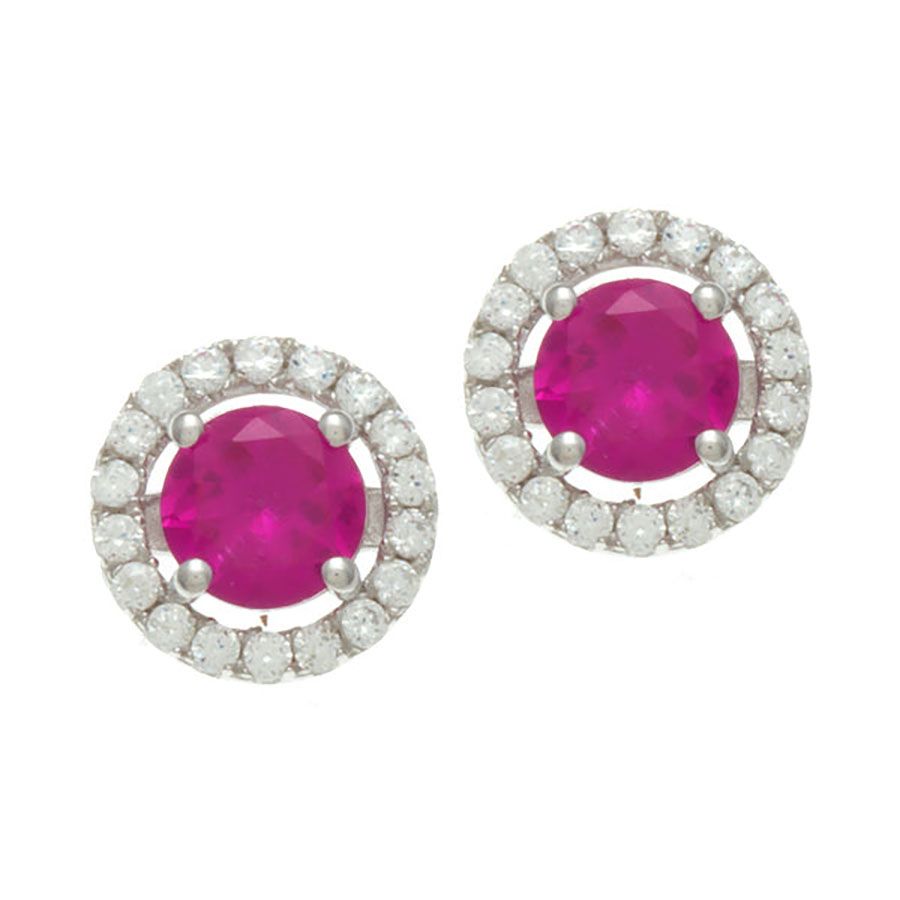 Dazzlers Sterling Silver Rhodium Plated and 5mm Simulated Ruby center stone with CZ Earrings, MPN: …