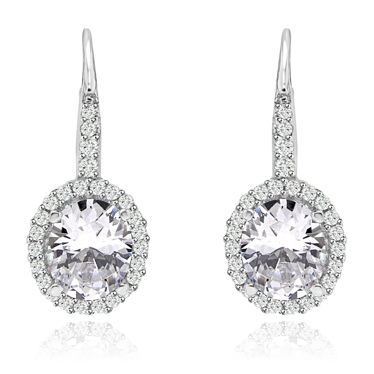 Dazzlers Sterling Silver Rhodium Plated and Oval shape CZ Halo Drop Dangle Earrings, MPN: DZE-22