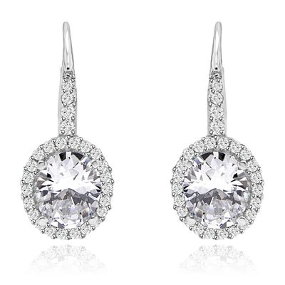 Dazzlers Sterling Silver Rhodium Plated and Oval shape CZ Halo Drop Dangle Earrings, MPN: DZE-22