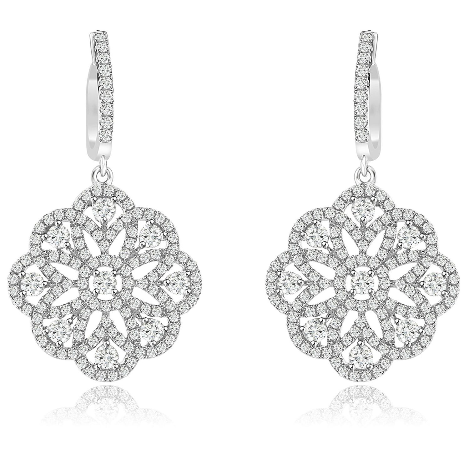 Dazzlers Sterling Silver Rhodium Plated and CZ Flower Dangle Earrings, MPN: DYE-746