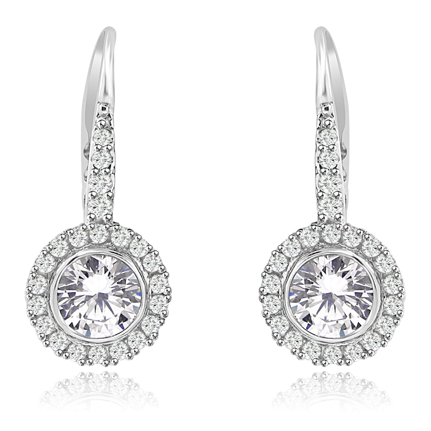 Dazzlers Sterling Silver Rhodium Plated and Round shape CZ Halo Drop Dangle Earrings, MPN: DZE-21