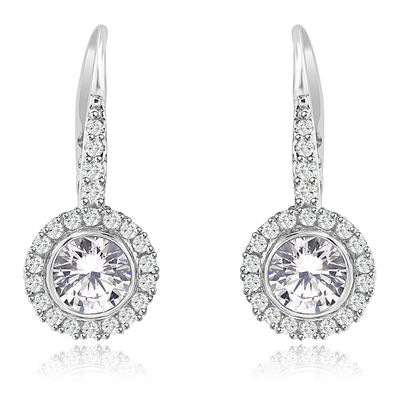 Dazzlers Sterling Silver Rhodium Plated and Round shape CZ Halo Drop Dangle Earrings, MPN: DZE-21