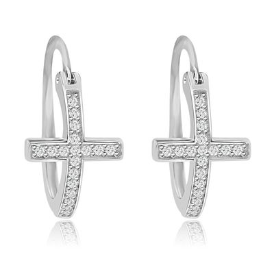 Dazzlers Sterling Silver Rhodium Plated and CZ Cross Hoop Earrings, MPN: DBE1064