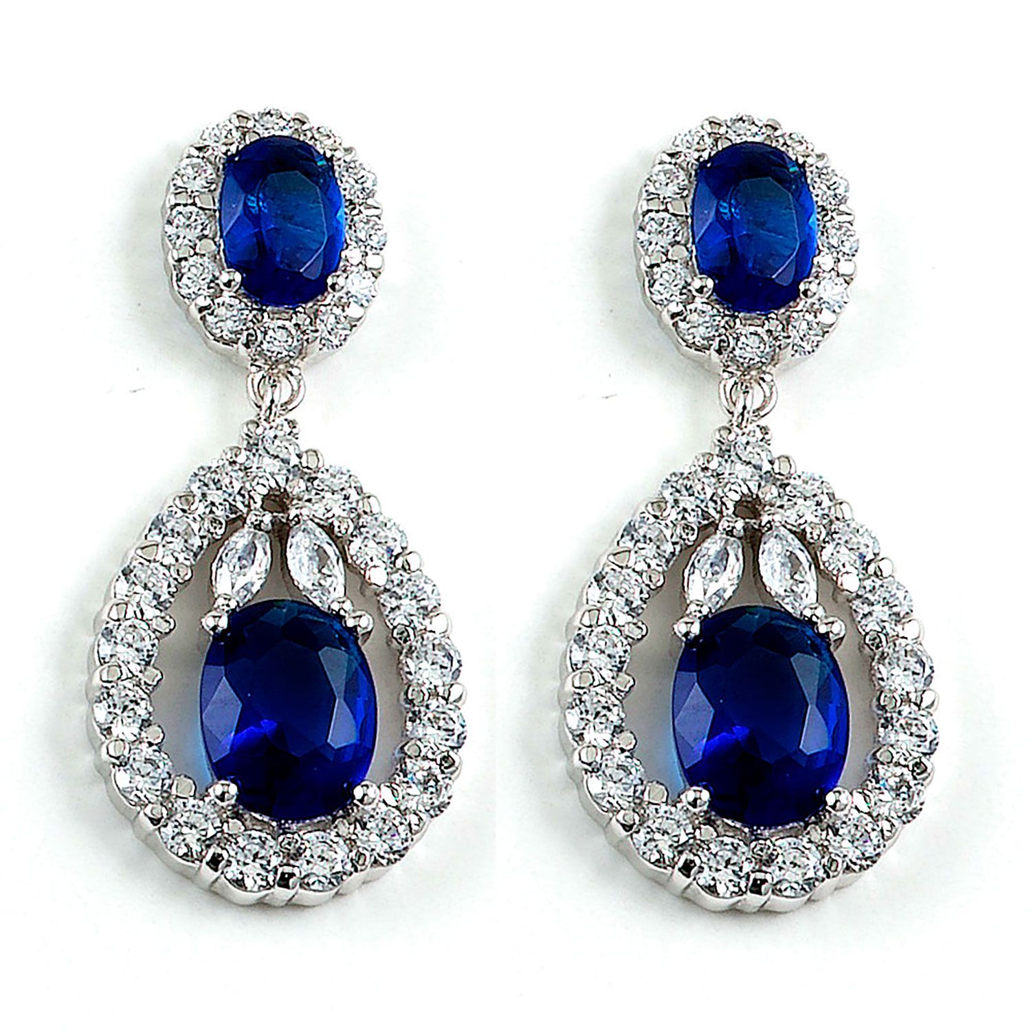 Dazzlers Sterling Silver Rhodium Plated with Simulated Sapphire and CZ Dangle Earrings, MPN: DBE595