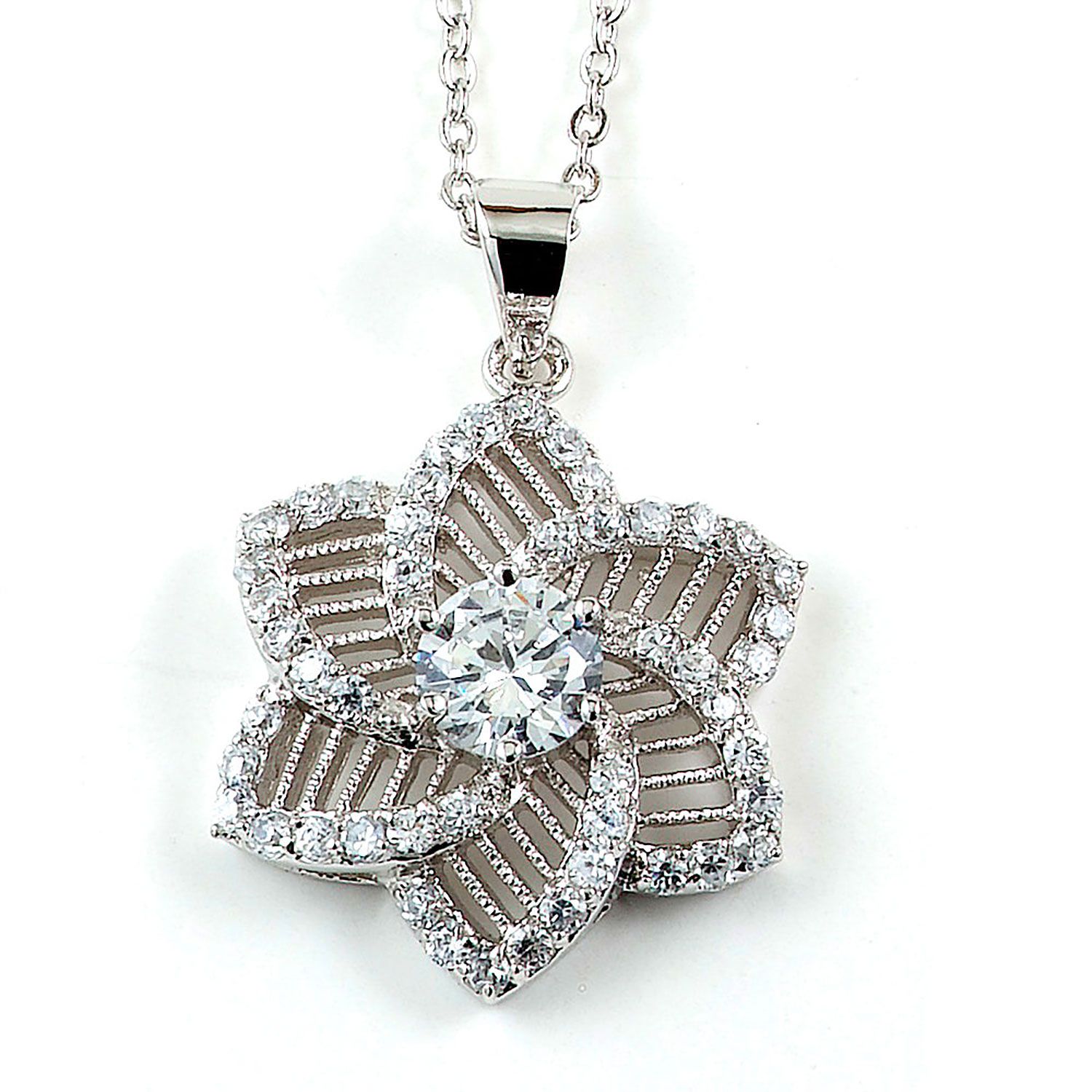 Dazzlers Sterling Silver Rhodium Plated and CZ Flower Necklace, MPN: DBN4657