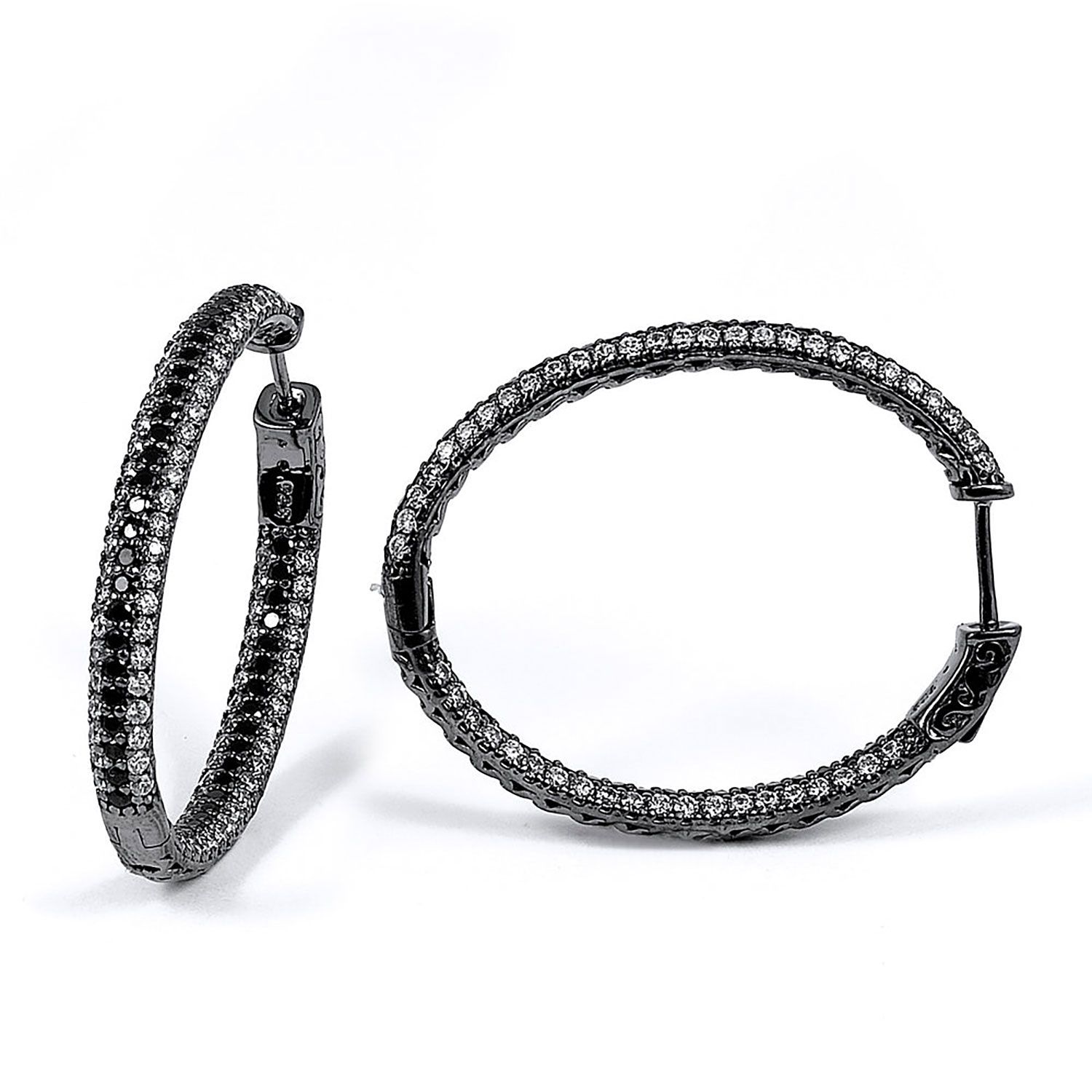 Dazzlers Sterling Silver Rhodium Plated with Black and White CZ Hoop Earrings, MPN: DCE-426