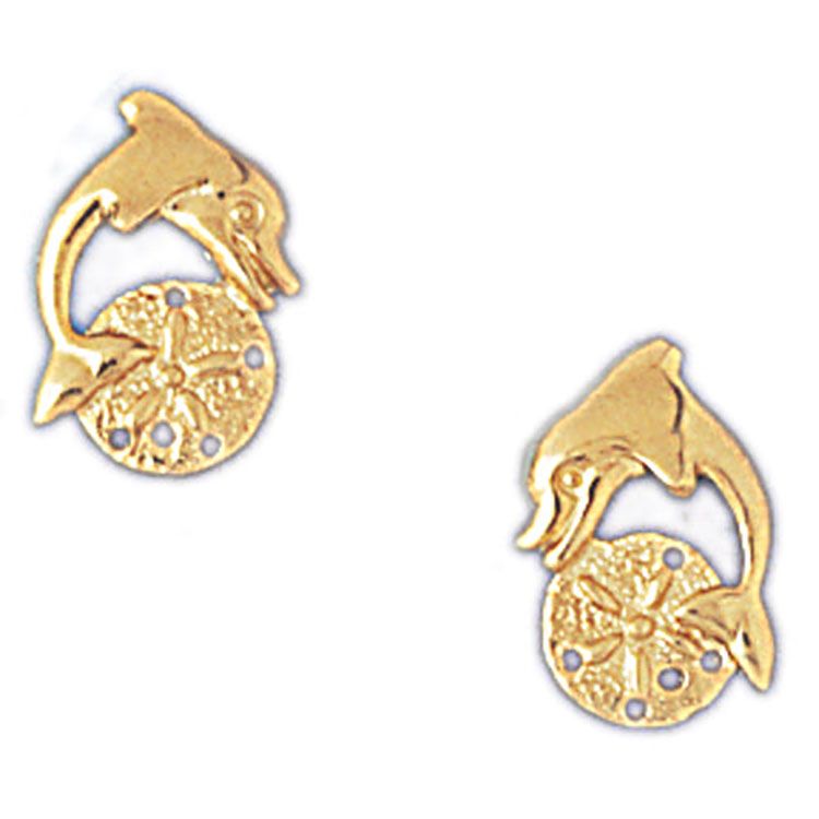 Dazzlers 14k Yellow Gold Sand Dollar and Dolphin Stud Earrings, MPN: DZ-13075