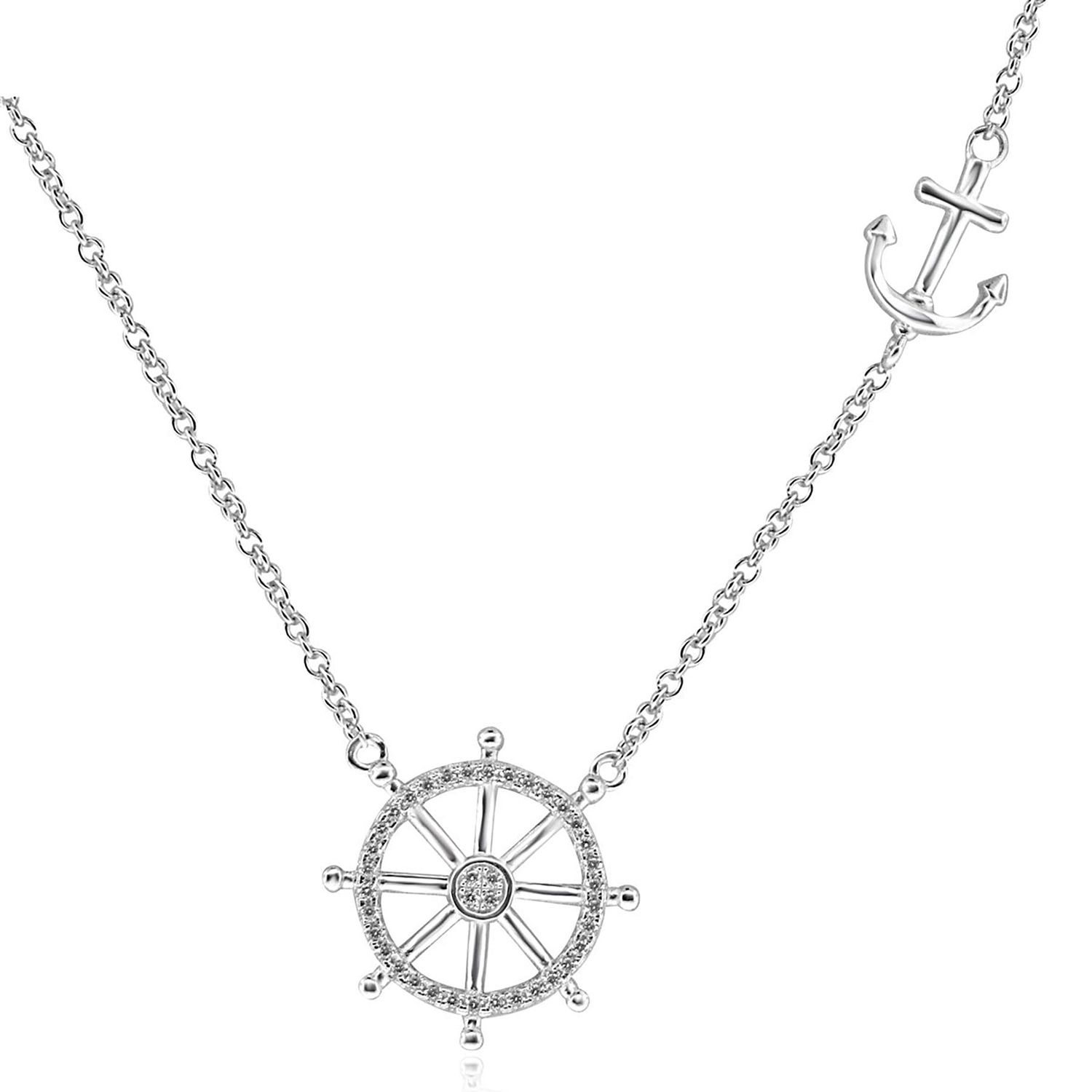 Dazzlers Sterling Silver Rhodium Plated with Ship Wheel and Anchor Necklace, MPN: DGN-1020