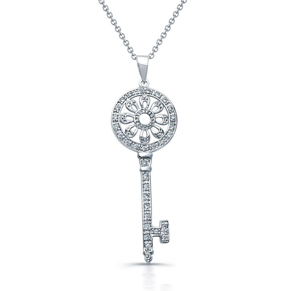Dazzlers Sterling Silver Rhodium Plated and CZ Flower Key Necklace, MPN: DBN306