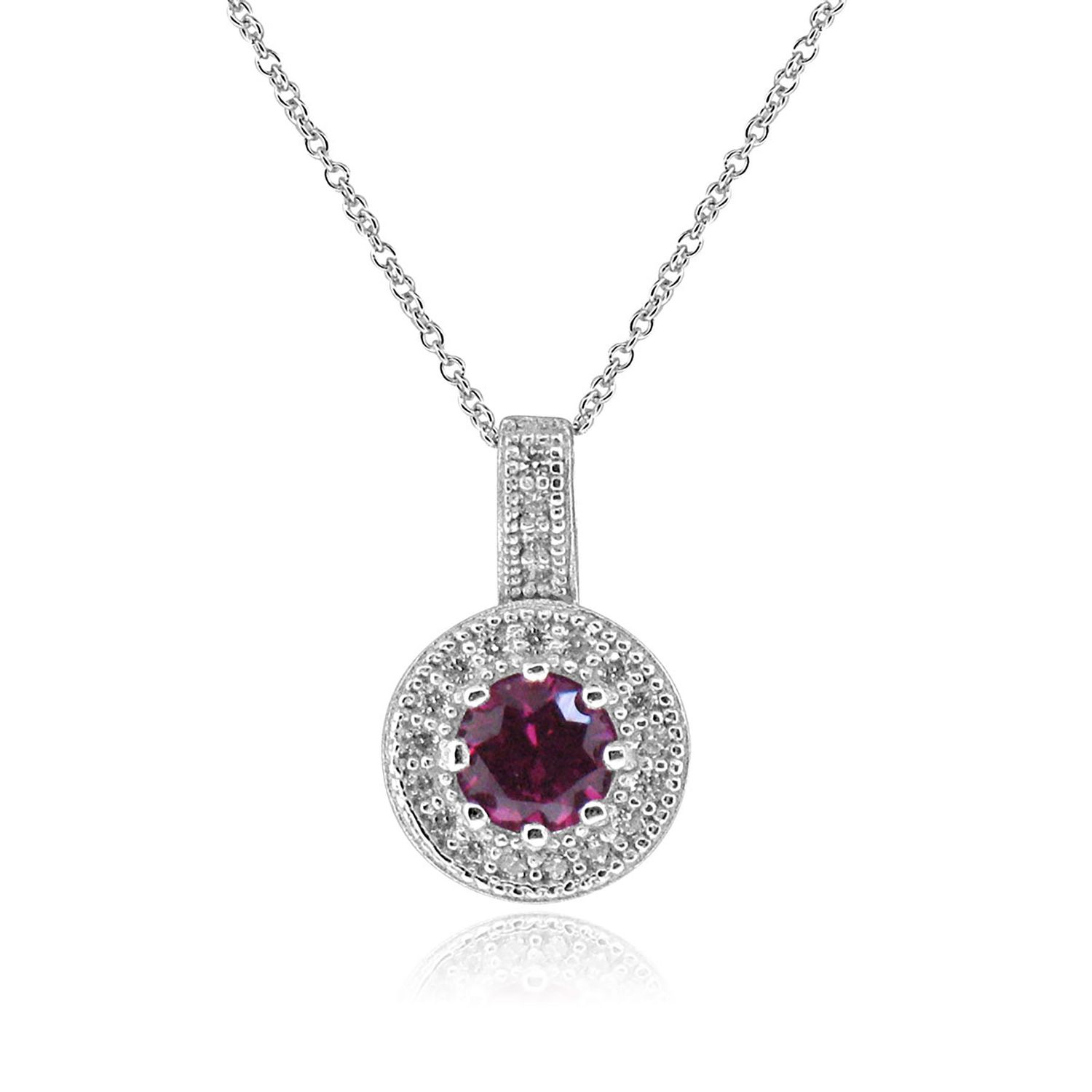 Dazzlers Sterling Silver Rhodium Plated with Simulated Ruby and CZ Halo Necklace, MPN: DMN-295