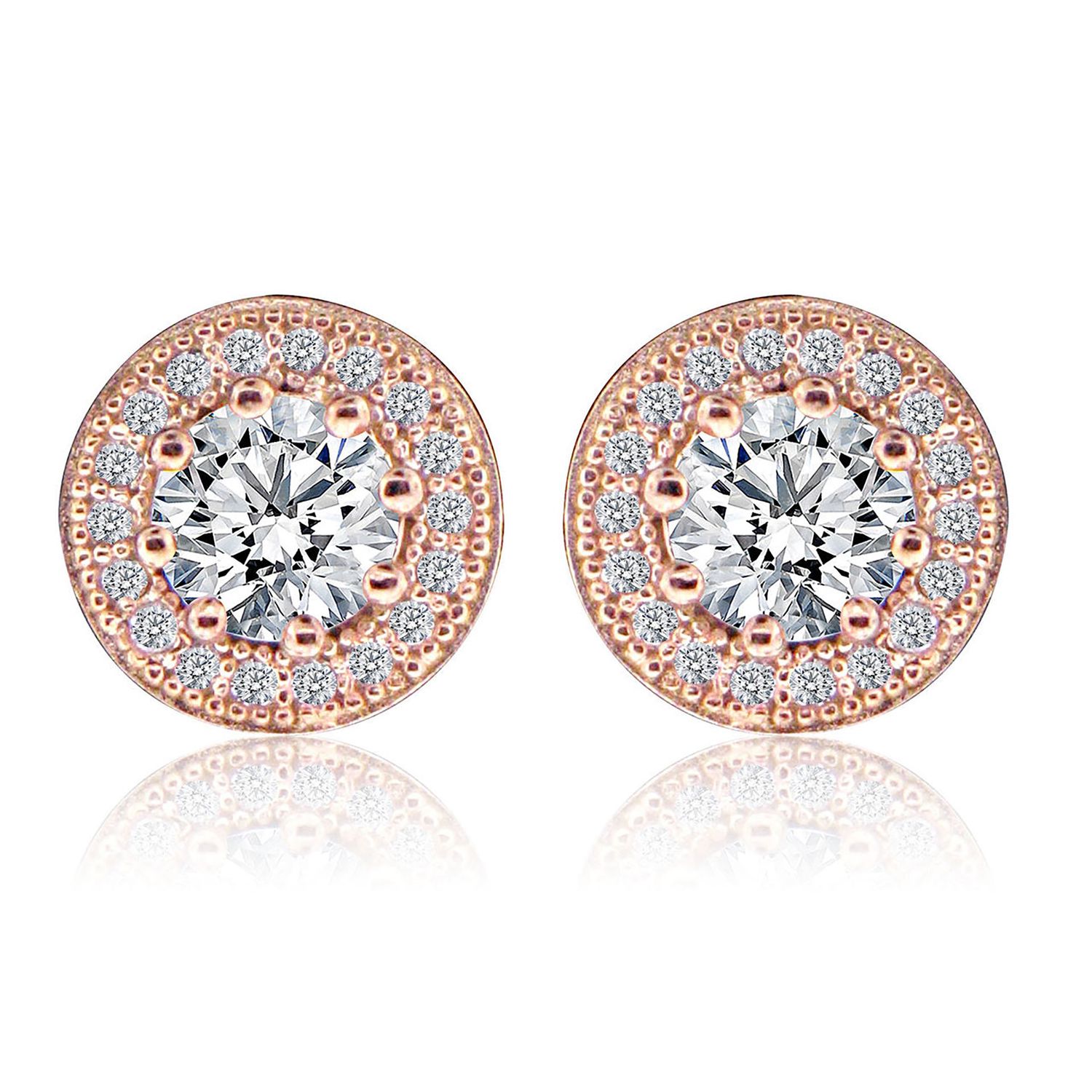 Dazzlers Sterling Silver Rose Gold Plated and Round CZ Halo Stud Earrings, MPN: DME-293P
