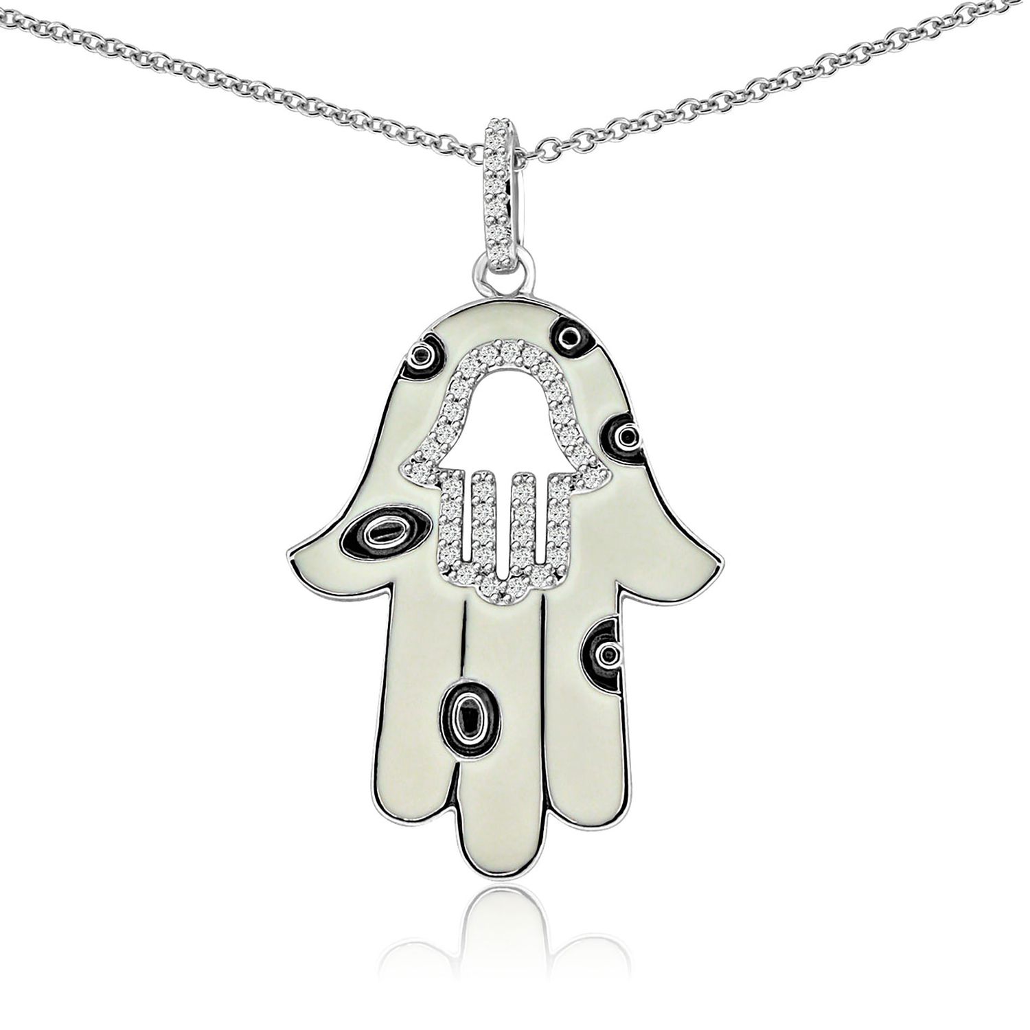 Dazzlers Sterling Silver Rhodium Plated with Black and White Enameled CZ Chamsa Necklace, MPN: DBN2…