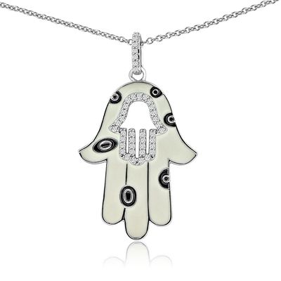 Dazzlers Sterling Silver Rhodium Plated with Black and White Enameled CZ Chamsa Necklace, MPN: DBN2…