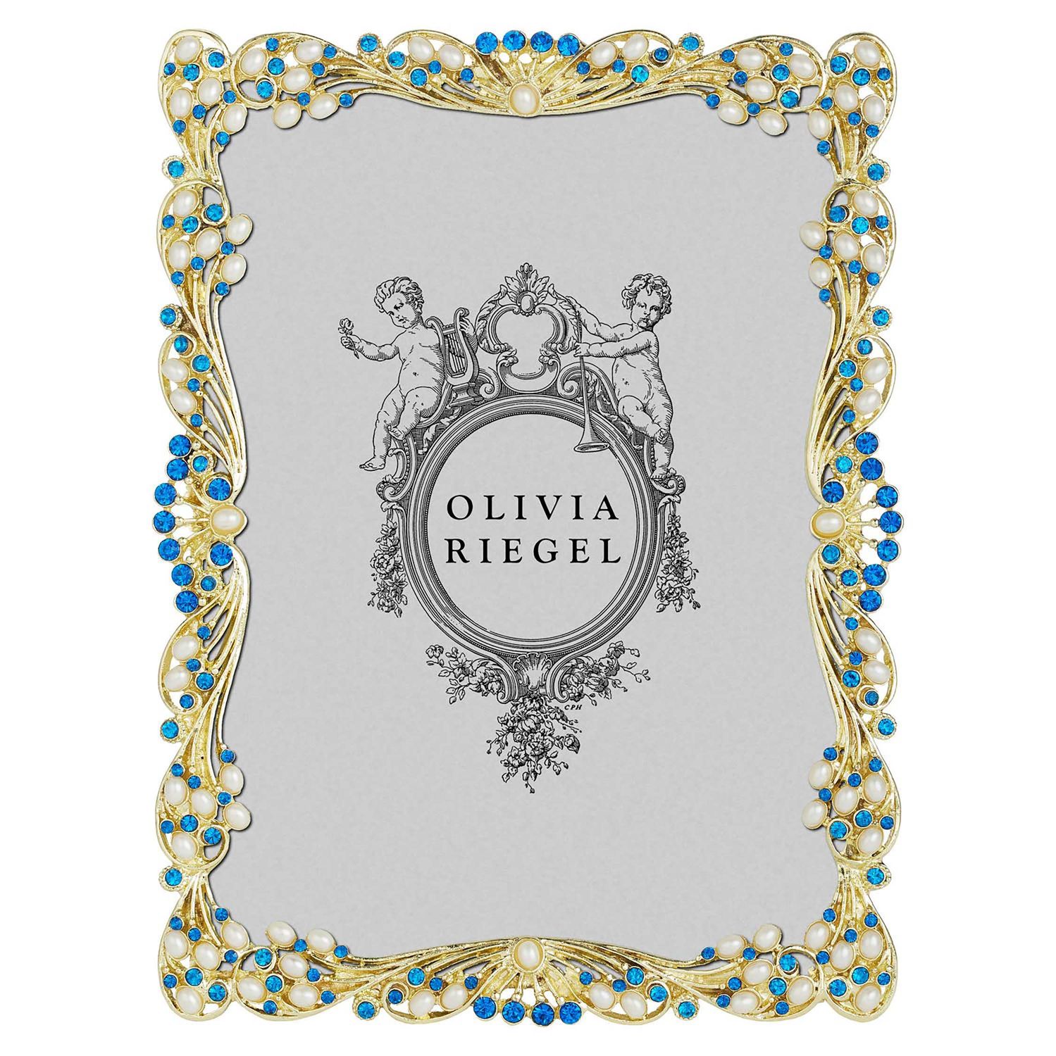 Olivia Riegel Gold Audrey 5 x 7 Inch Picture Frame with Capri Blue Stones &amp; White Freshwater Pearls…