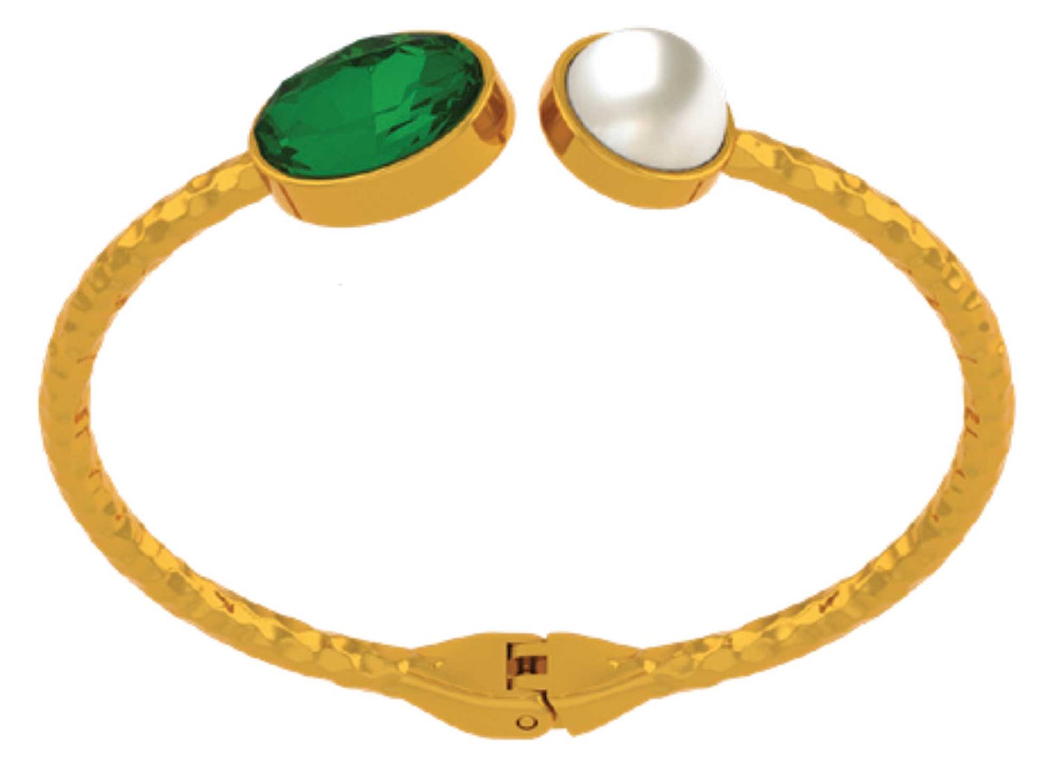 Halcyon Days Aphrodite Emerald Pearl Gold Hinged Torque Bangle HBAPH4510G, 5055273109559