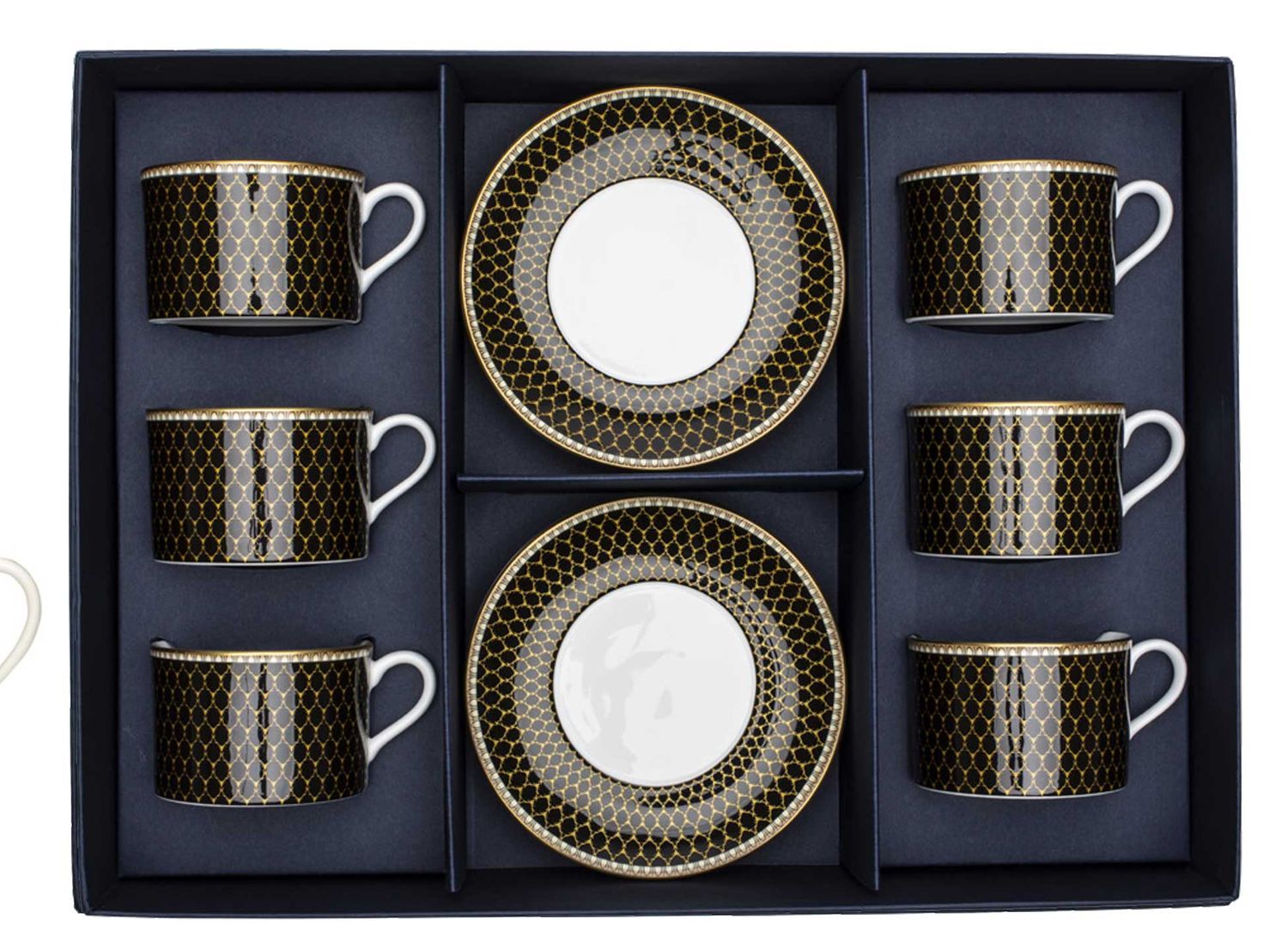 Halcyon Days Antler Trellis Black Teacup &amp; Saucer Set of 6 BCGAT02T6G, 5056327800774