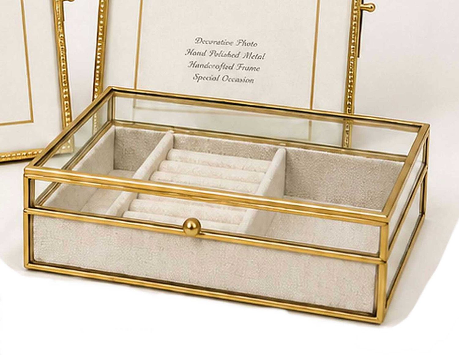 Tizo Brass Glass Jewelry Box Beige 6 x 4 x 2.25 Inch CR381WHBX