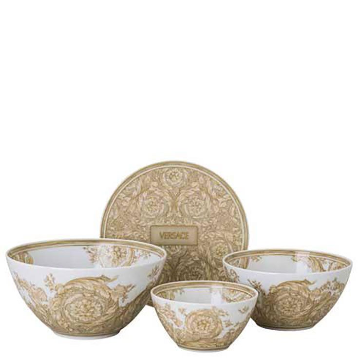 Versace Barocco Beige Bowl Set 4 Piece Bowls 4 3/4 in 6 in 7 in and Lid Black 19335-403782-28718, 7…