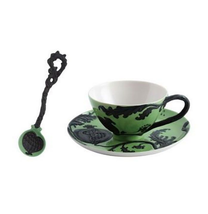 Jean Boggio Pomegranate Cup Saucer Spoon Set Green Black Mat JB00932GB